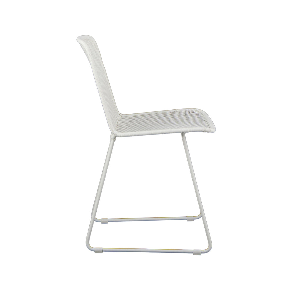 Olive woven wicker dining side chair in stone white colour. Side view.