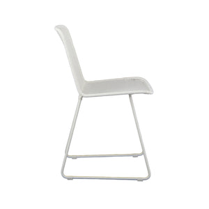 Olive woven wicker dining side chair in stone white colour. Side view.