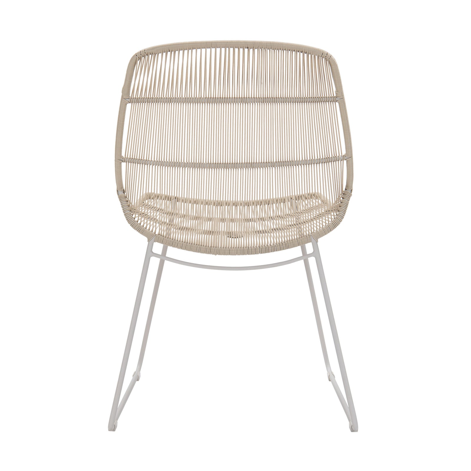 Oliver outdoor wicker dining side chair with linen frame and weave colour way. Rear view.