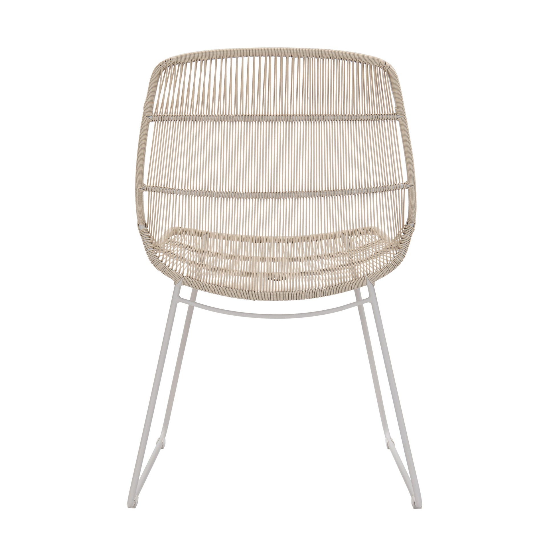 Oliver outdoor wicker dining side chair with linen frame and weave colour way. Rear view.