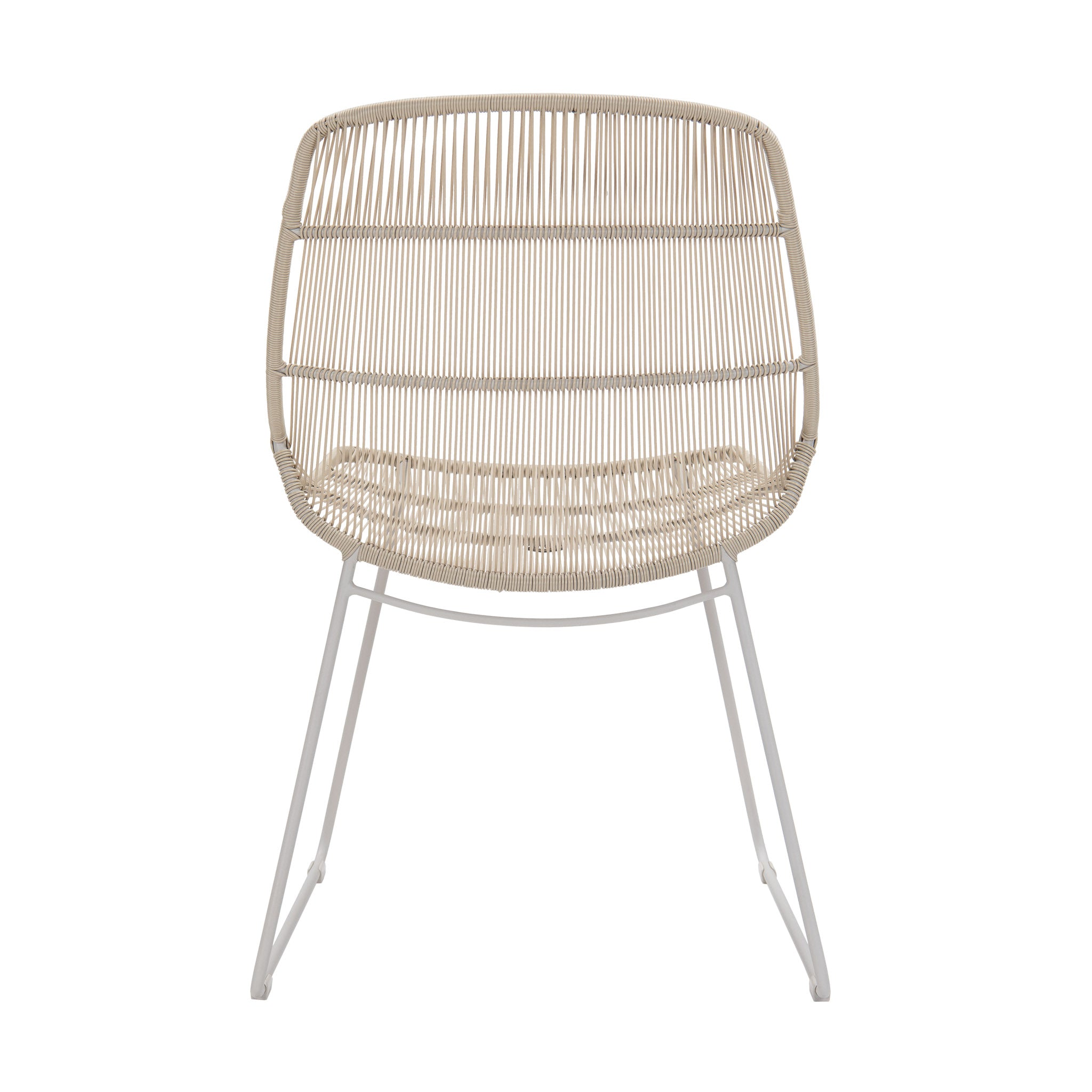 Oliver outdoor wicker dining side chair with linen frame and weave colour way. Rear view.