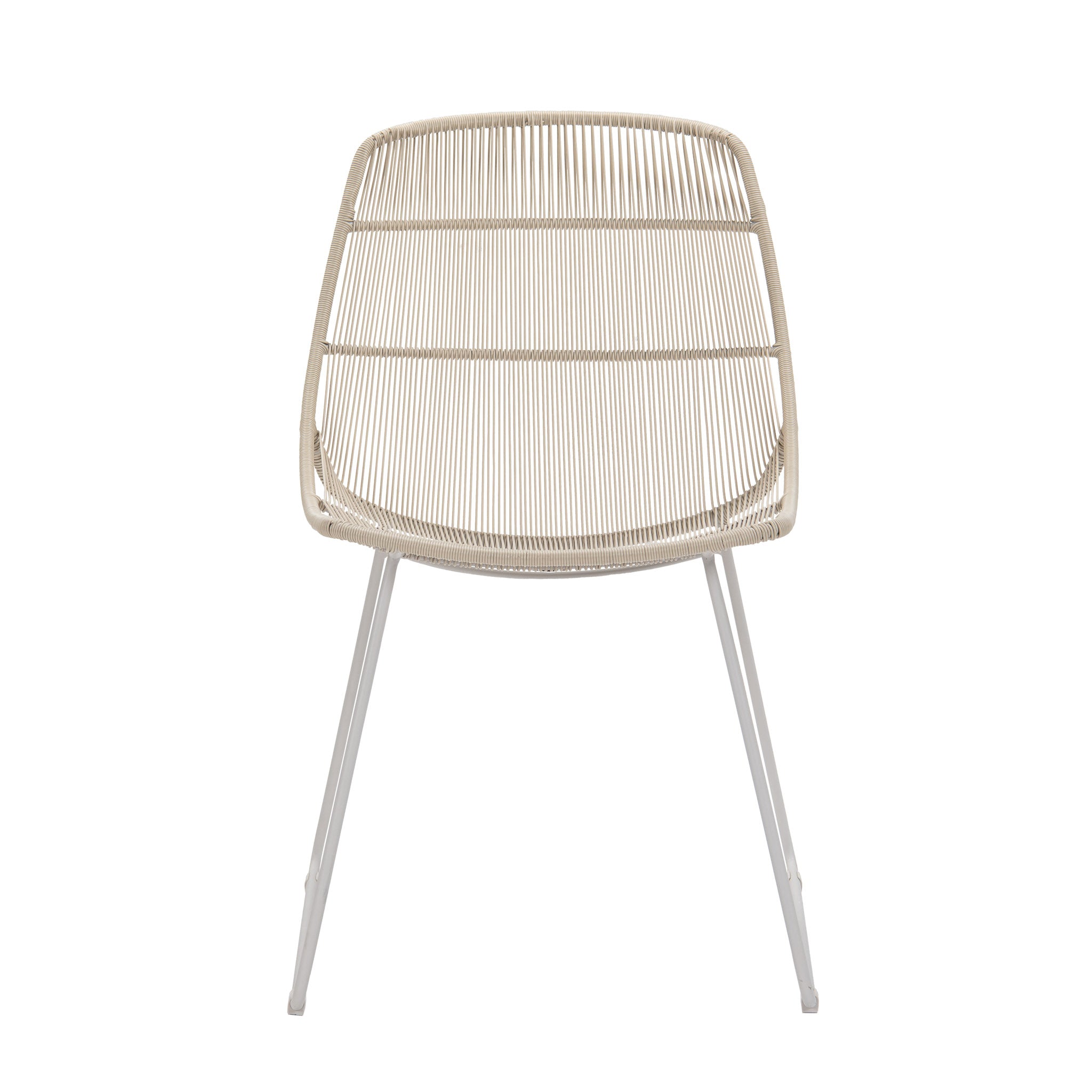 Oliver outdoor wicker dining side chair with linen frame and weave colour way. Front view.