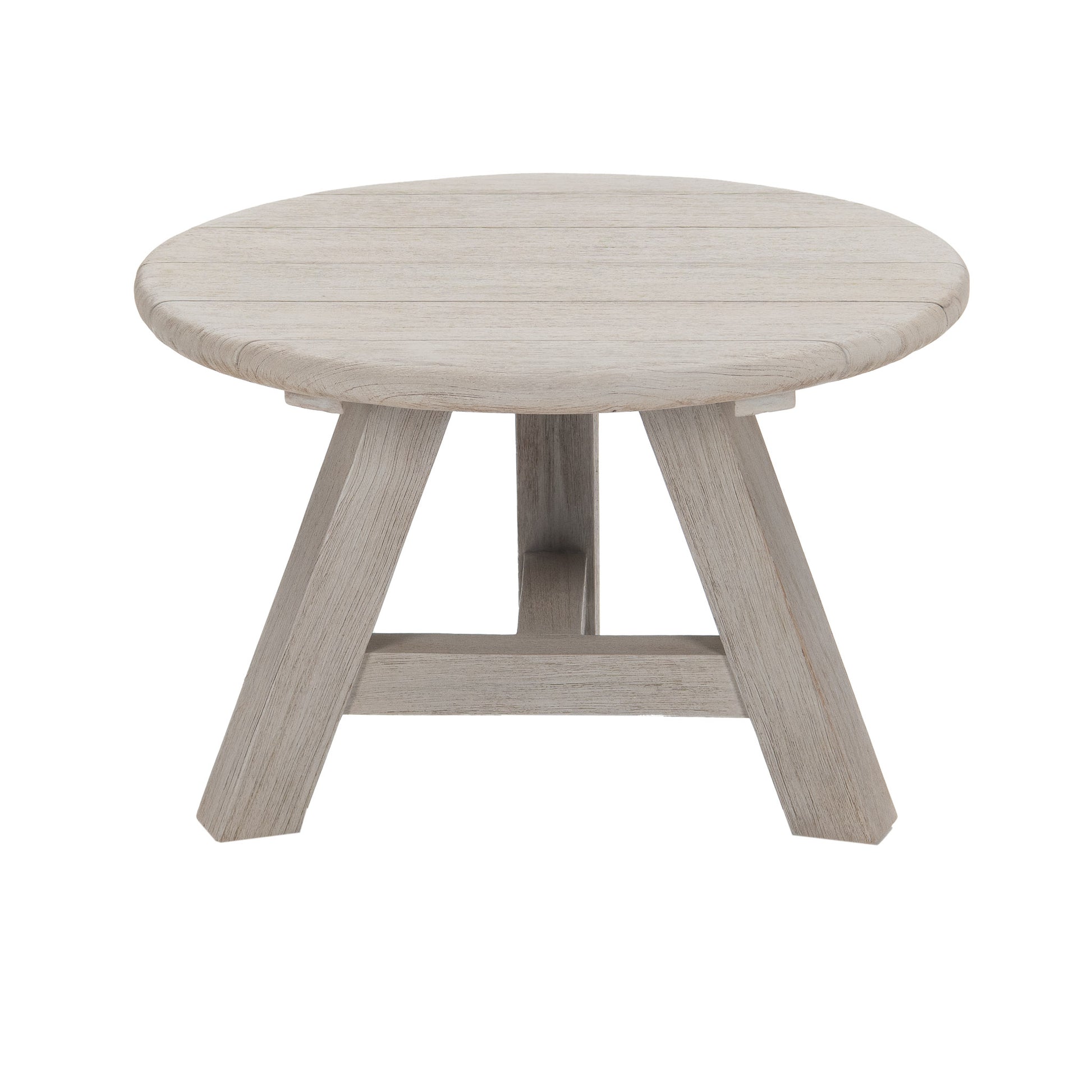 Oslo reclaimed teak round coffee 50 cm top. Front view.