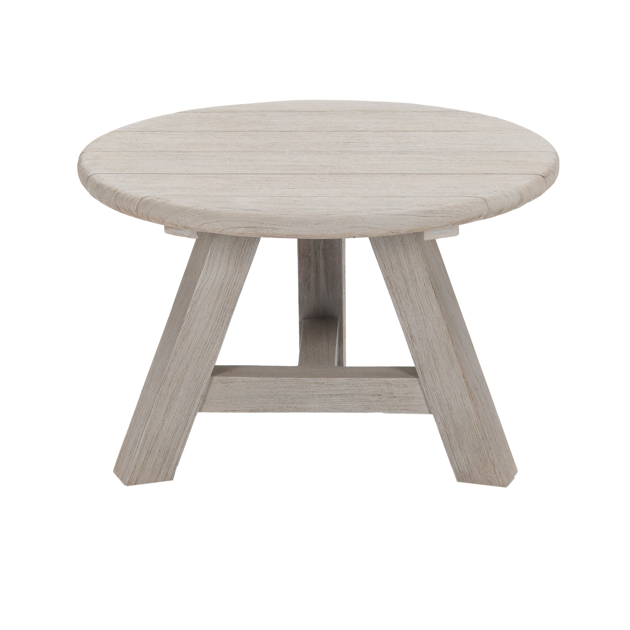 Oslo reclaimed teak round coffee 50 cm top. Front view.