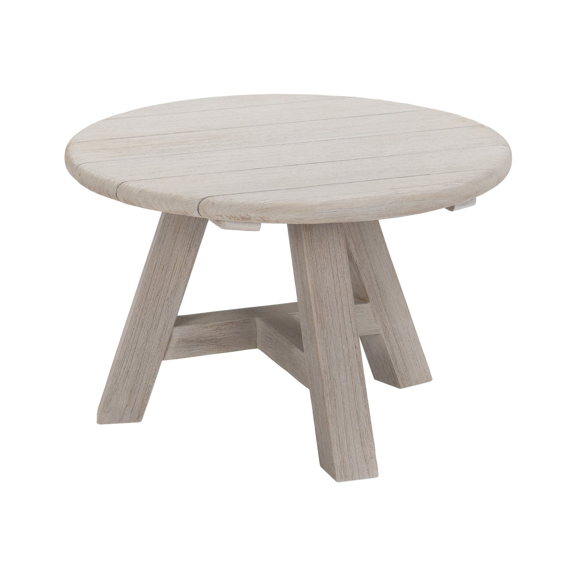 Oslo reclaimed teak round coffee 50 cm top. Front angle view.