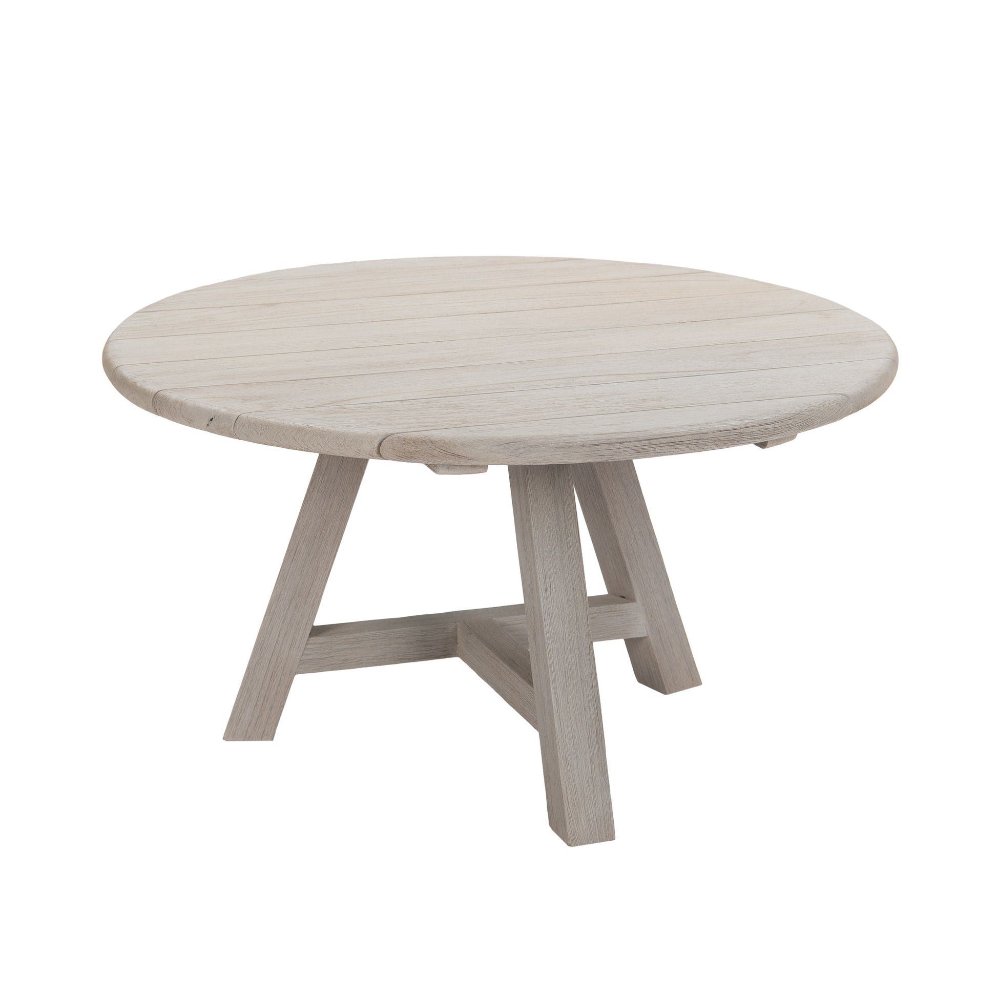 Oslo reclaimed teak round coffee 65 cm top. Front angle view.