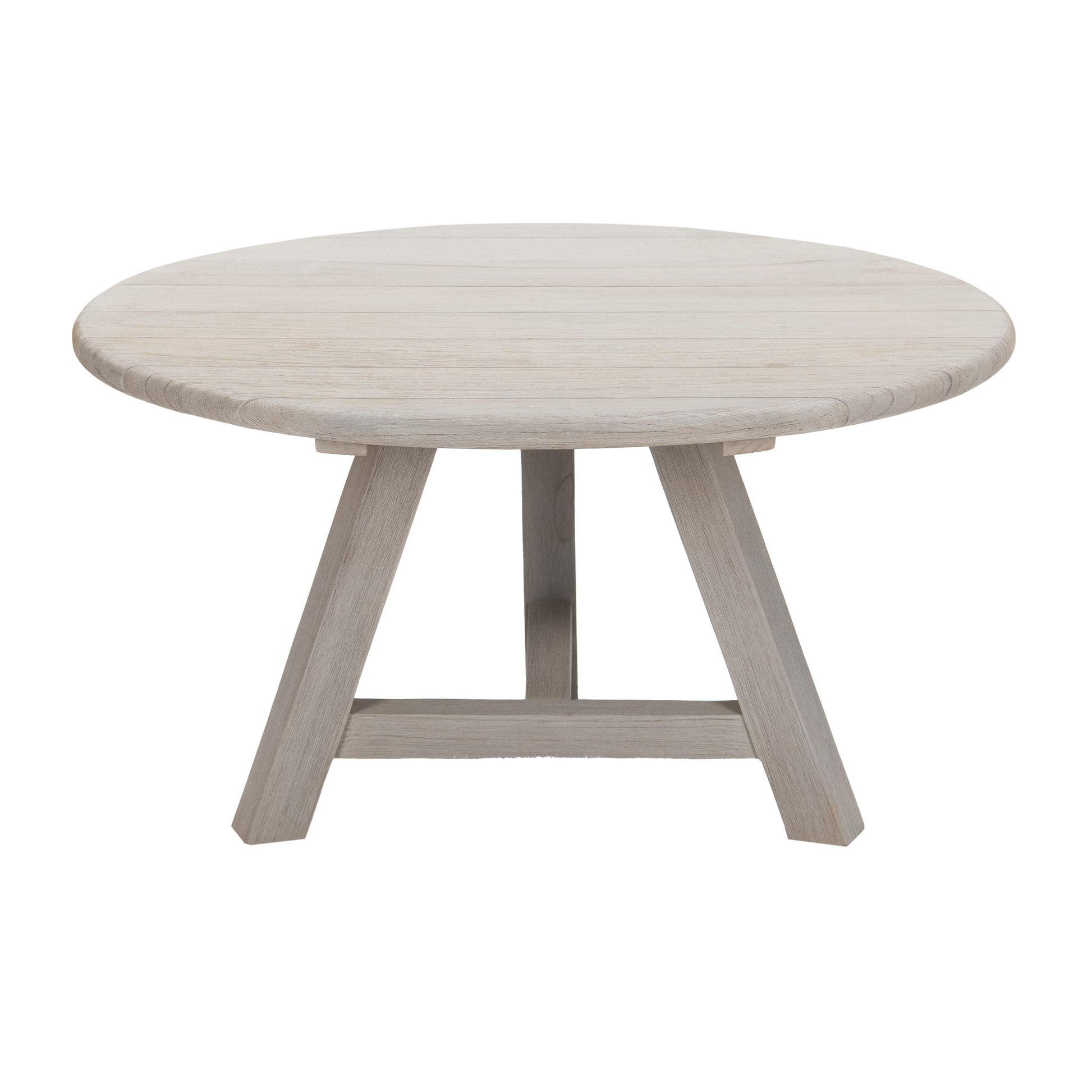 Oslo reclaimed teak round coffee 80 cm top. Front view.