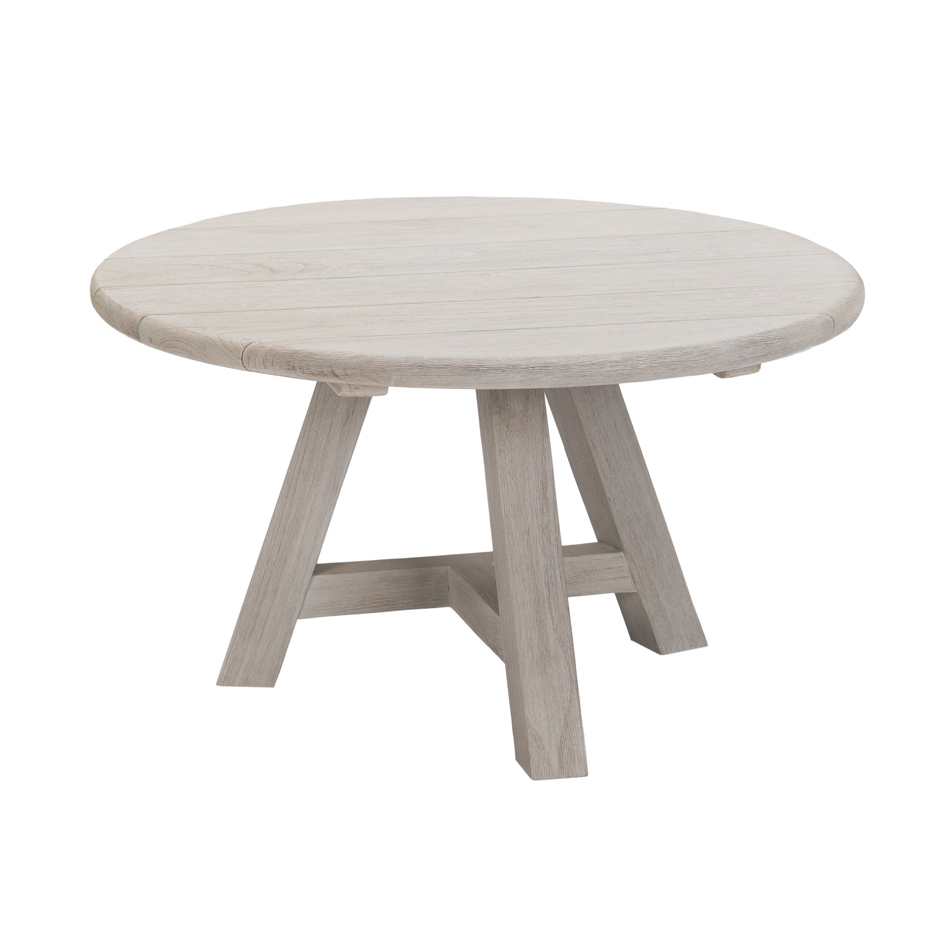 Oslo reclaimed teak round coffee 80 cm top. Front angle view.