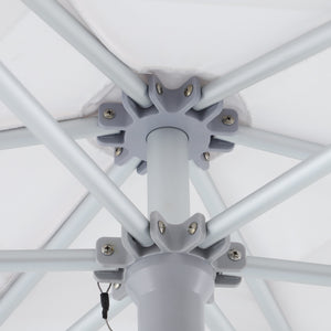 Close-up of the umbrella hub showing the internal aluminium rib structure and connection points.