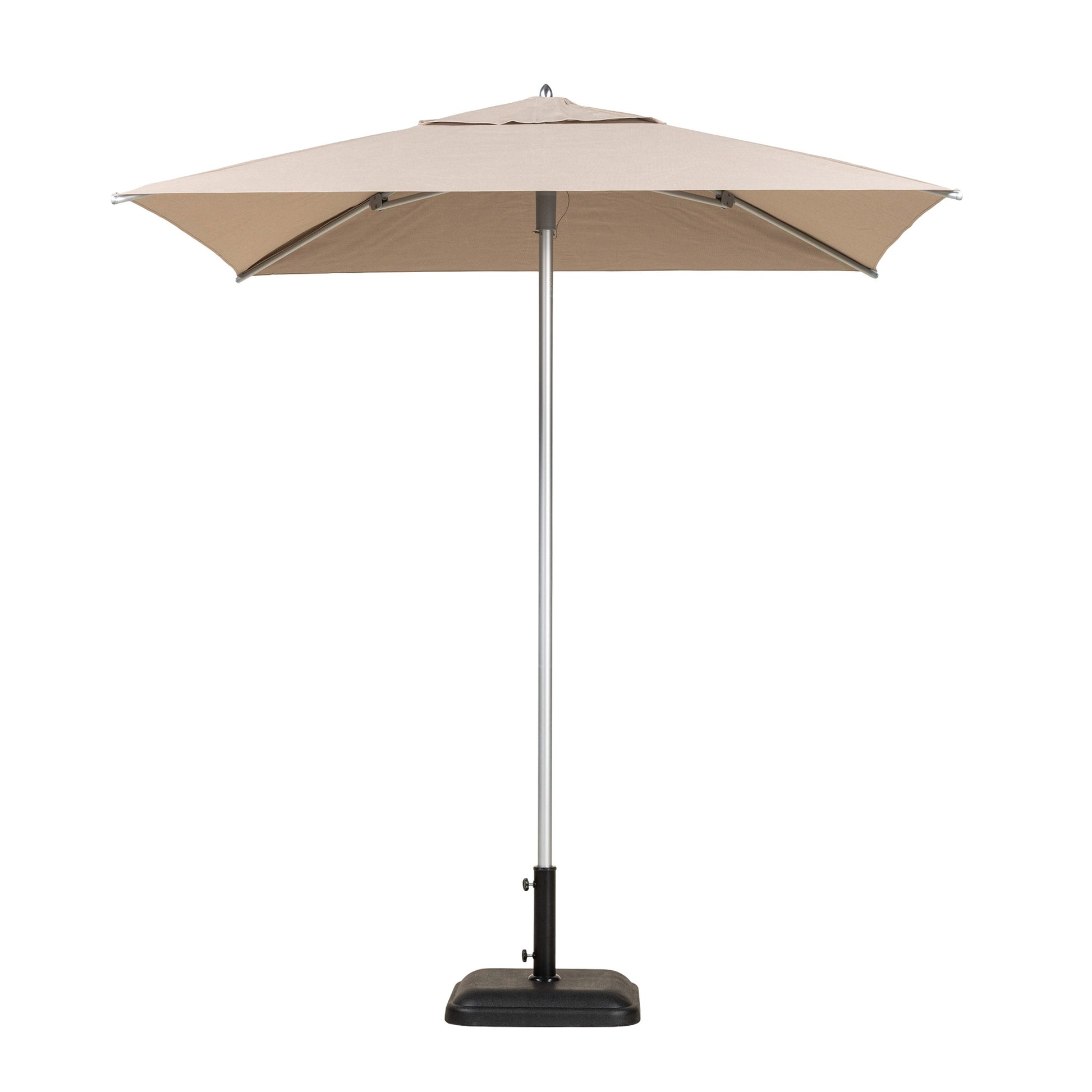 Palm Beach square outdoor umbrella with a sand coloured canopy. 