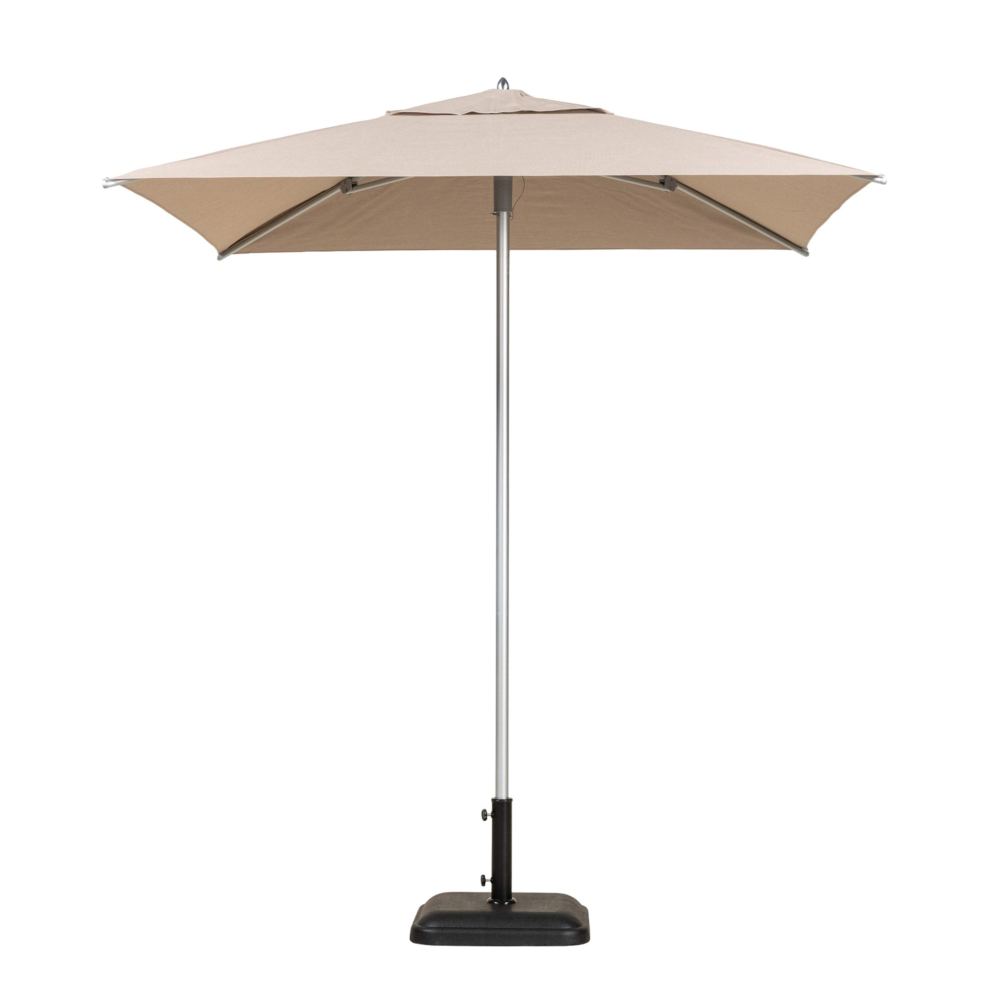 Palm Beach square outdoor umbrella with a sand coloured canopy. 