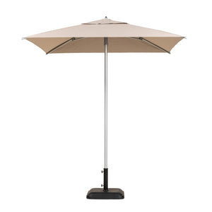 Palm Beach square outdoor umbrella with a sand coloured canopy. 