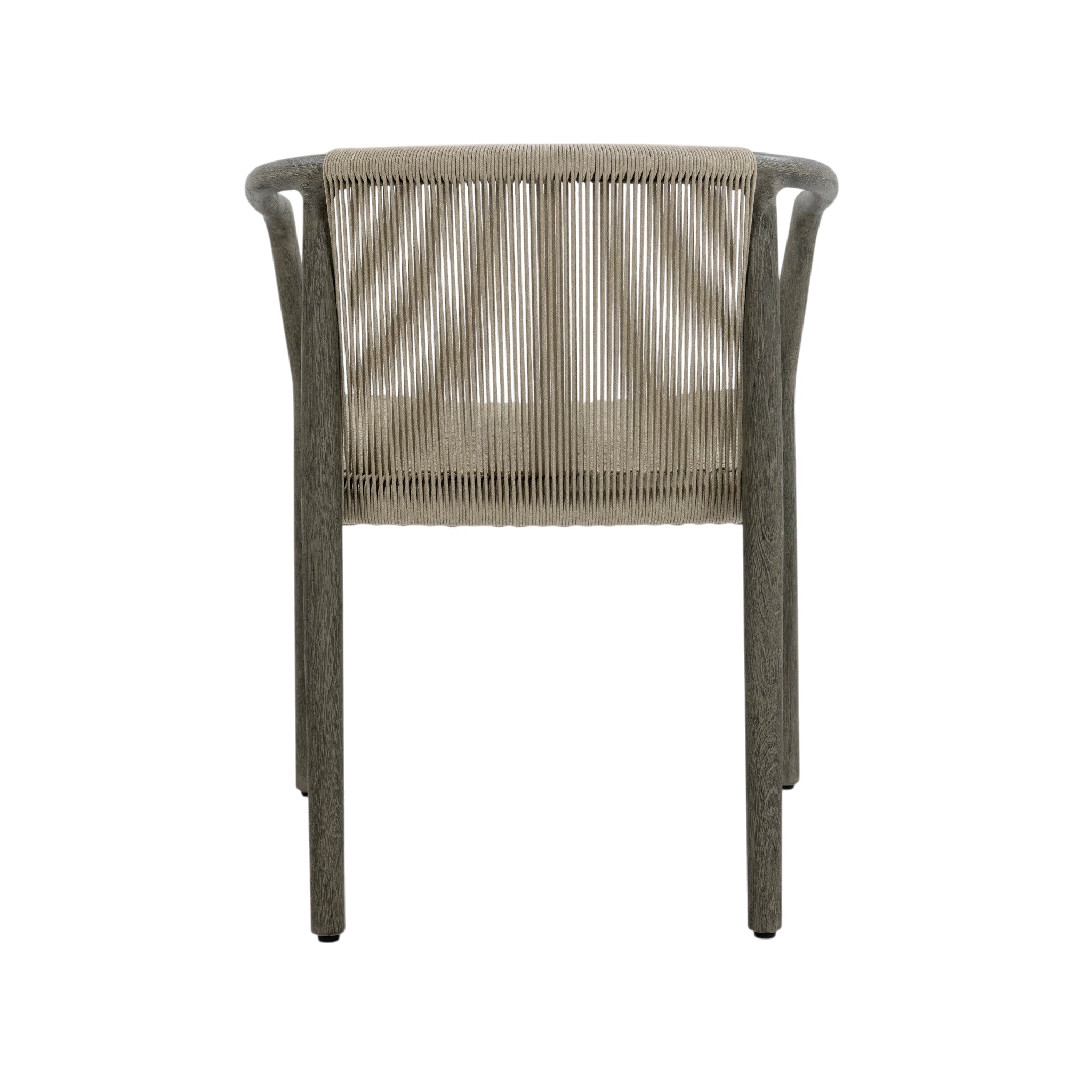 Rear view of Palma outdoor dining armchair showing curved teak backrest and vertical rope weaving