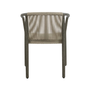 Rear view of Palma outdoor dining armchair showing curved teak backrest and vertical rope weaving
