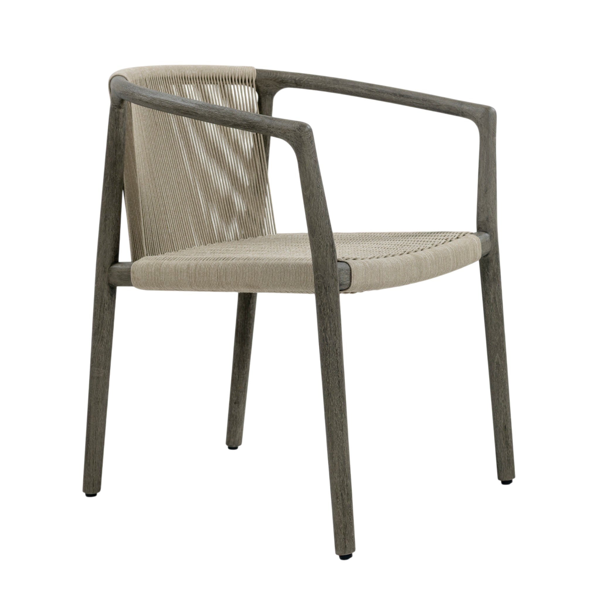 Palma teak outdoor dining armchair with weathered grey timber frame, curved armrests and natural woven rope seat and backrest