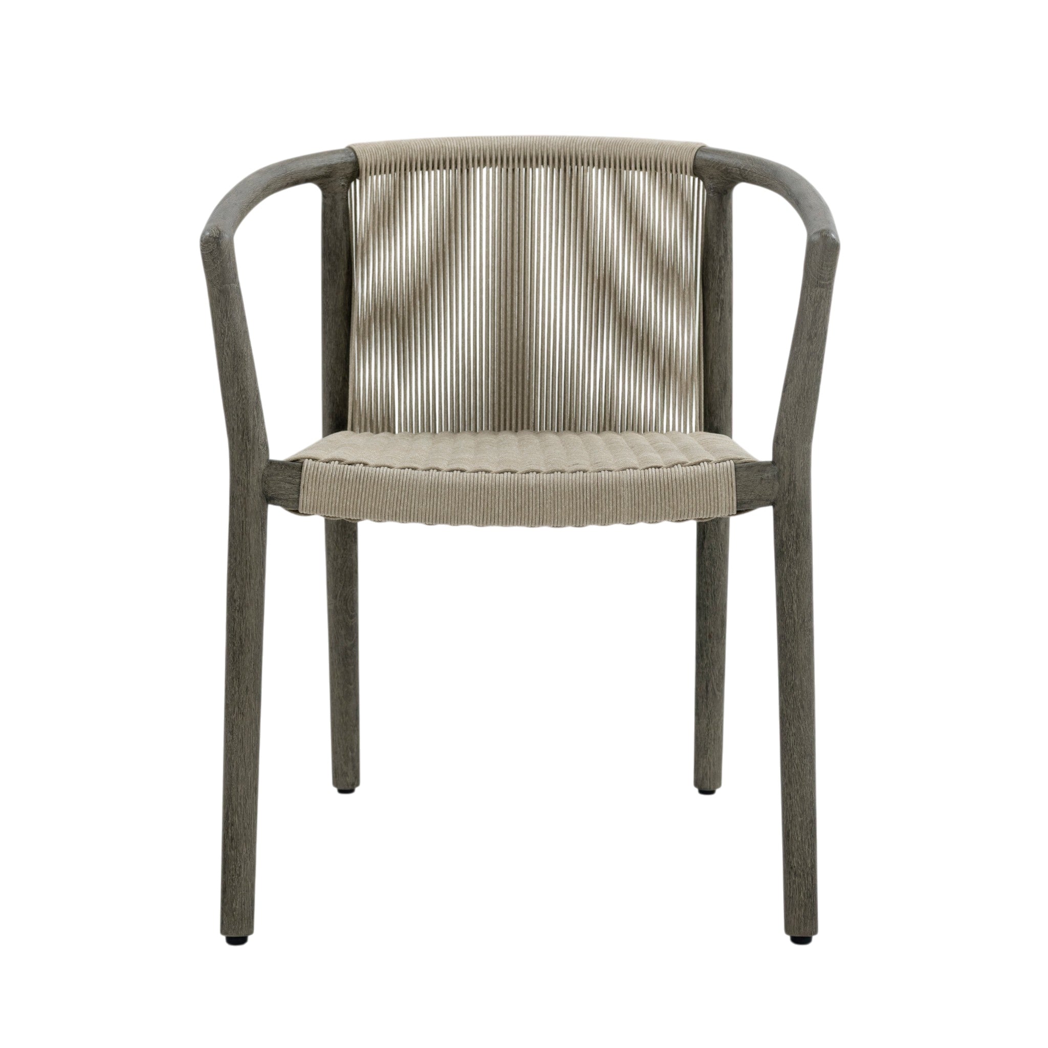 Front view of Palma teak dining armchair showing curved timber armrests and closely woven outdoor rope seat and backrest