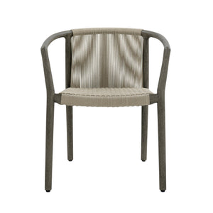 Front view of Palma teak dining armchair showing curved timber armrests and closely woven outdoor rope seat and backrest