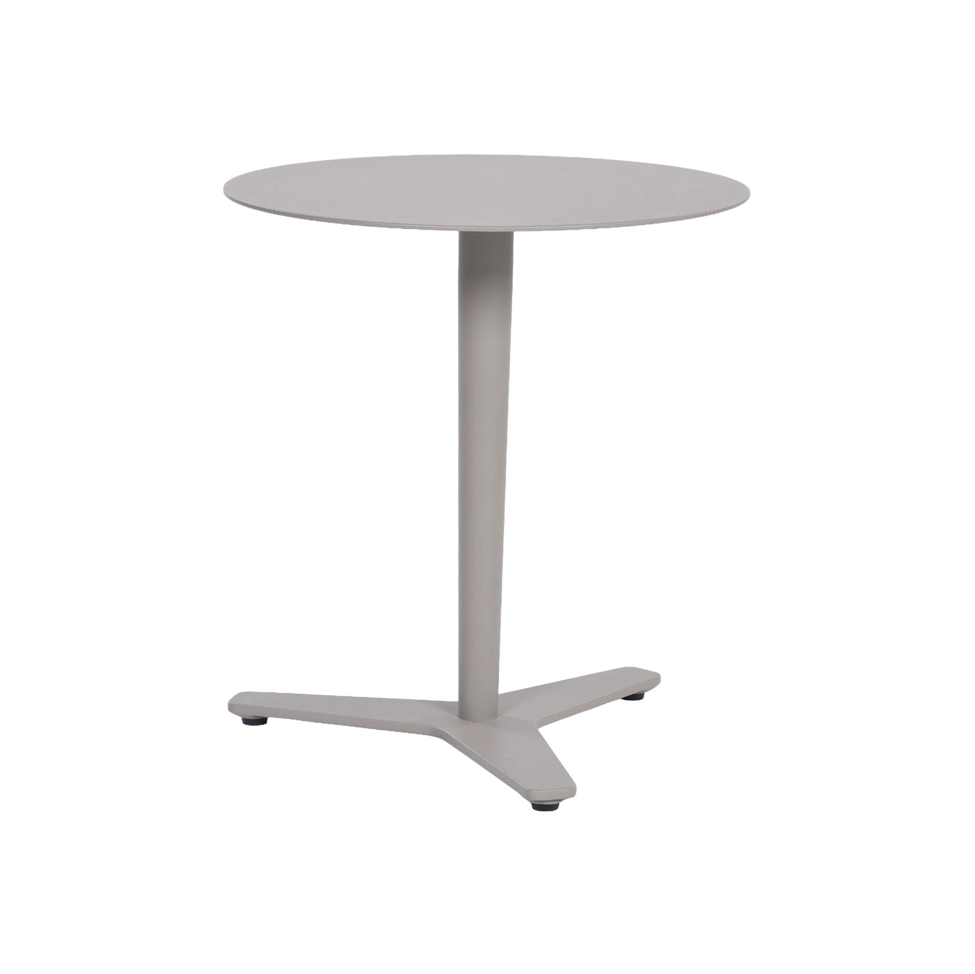 Point Outdoor Aluminium Round Side Table in a sandy grey colour with white background. Front angle view.