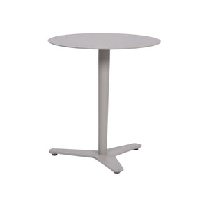 Point Outdoor Aluminium Round Side Table in a sandy grey colour with white background. Front angle view.