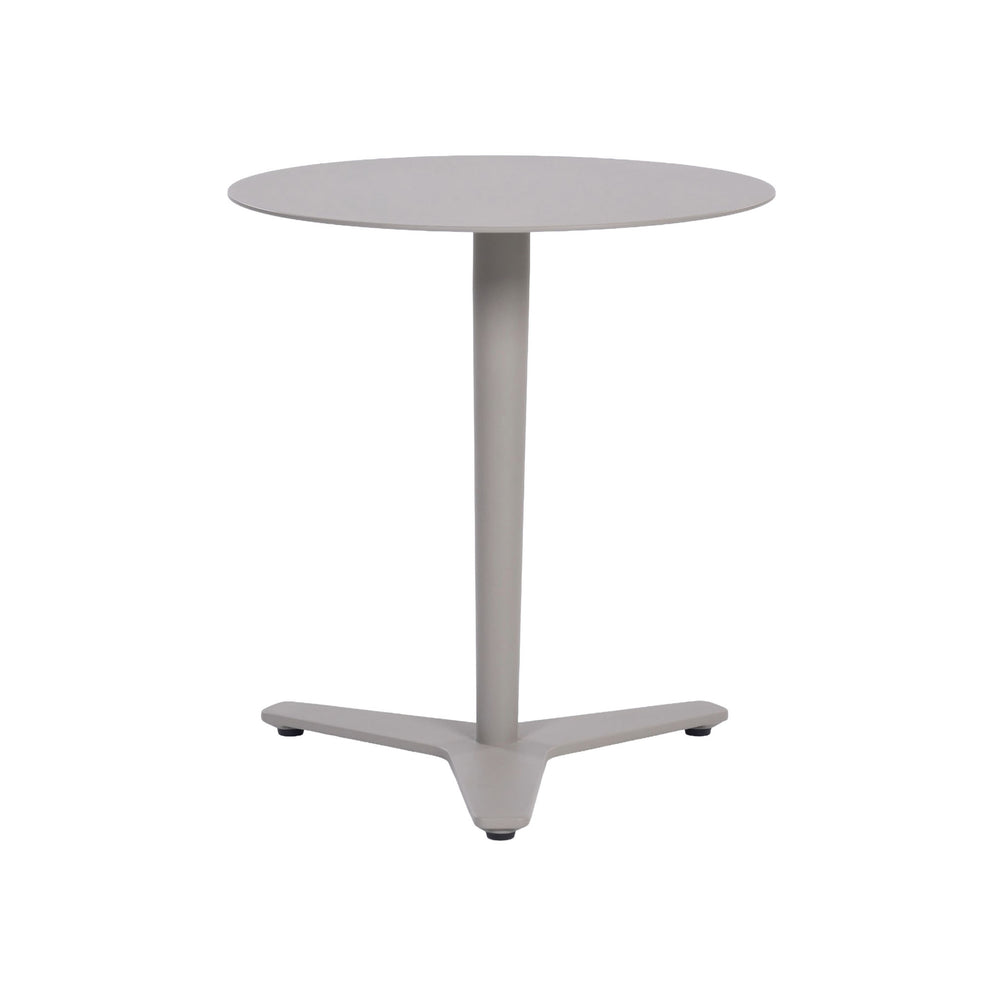 Point Outdoor Aluminium Round Side Table in a sandy grey colour with white background. Front view.