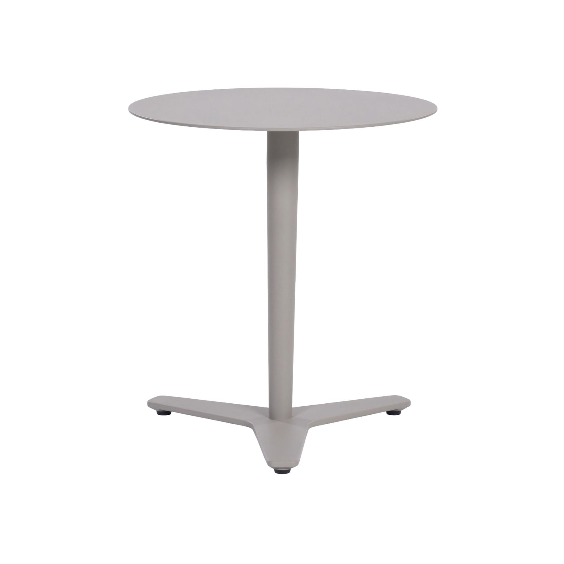 Point Outdoor Aluminium Round Side Table in a sandy grey colour with white background. Front view.