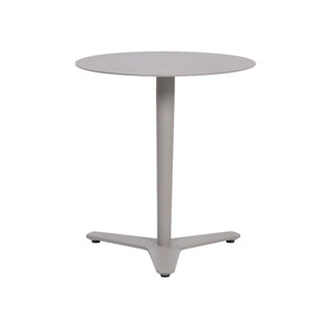 Point Outdoor Aluminium Round Side Table in a sandy grey colour with white background. Front view.