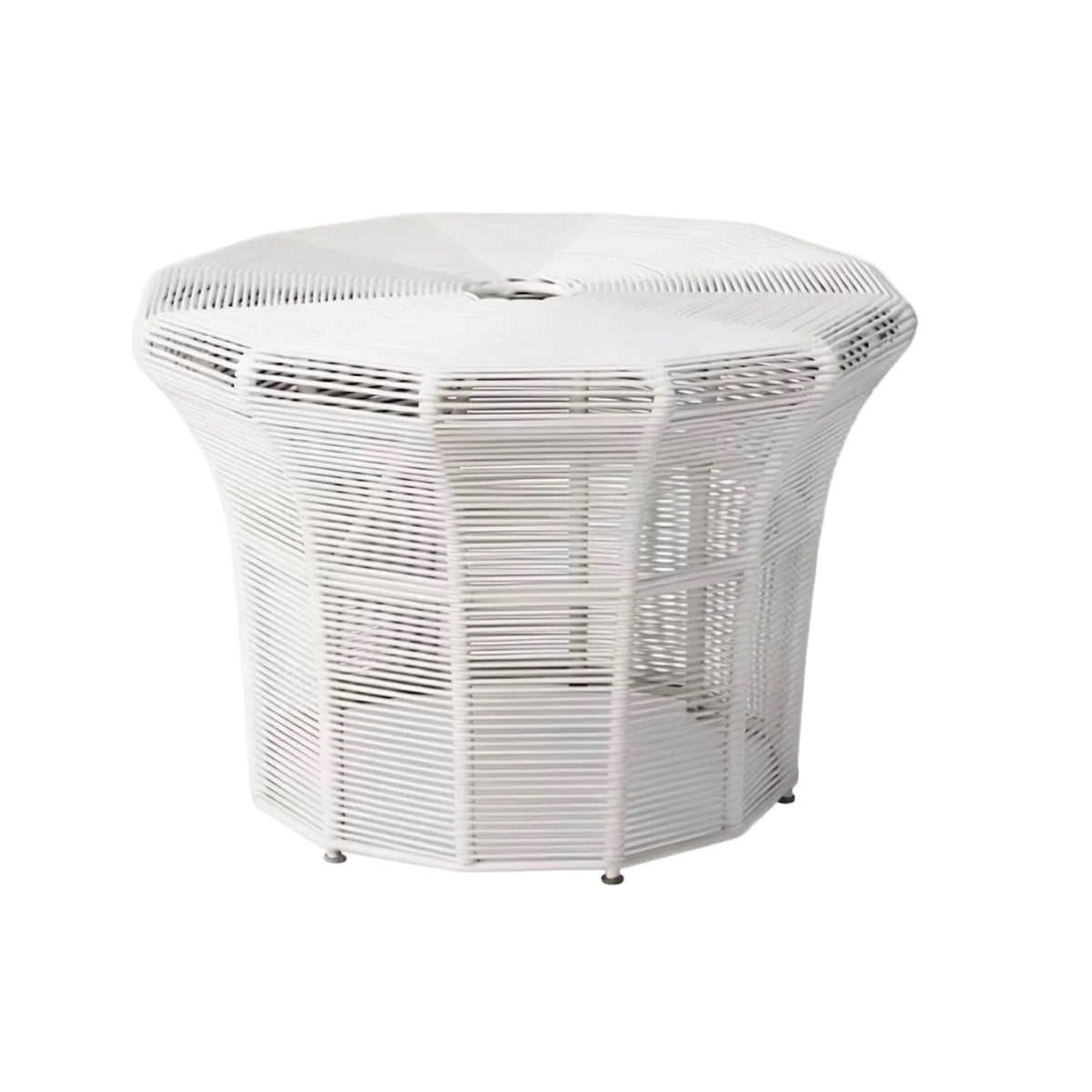 A white octagonal metal outdoor side table with a slatted design and small metal feet, shown on a plain white background.