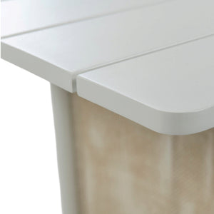 Close-up of Porto outdoor dining table showing light grey powder-coated aluminium slats and softly rounded tabletop corner