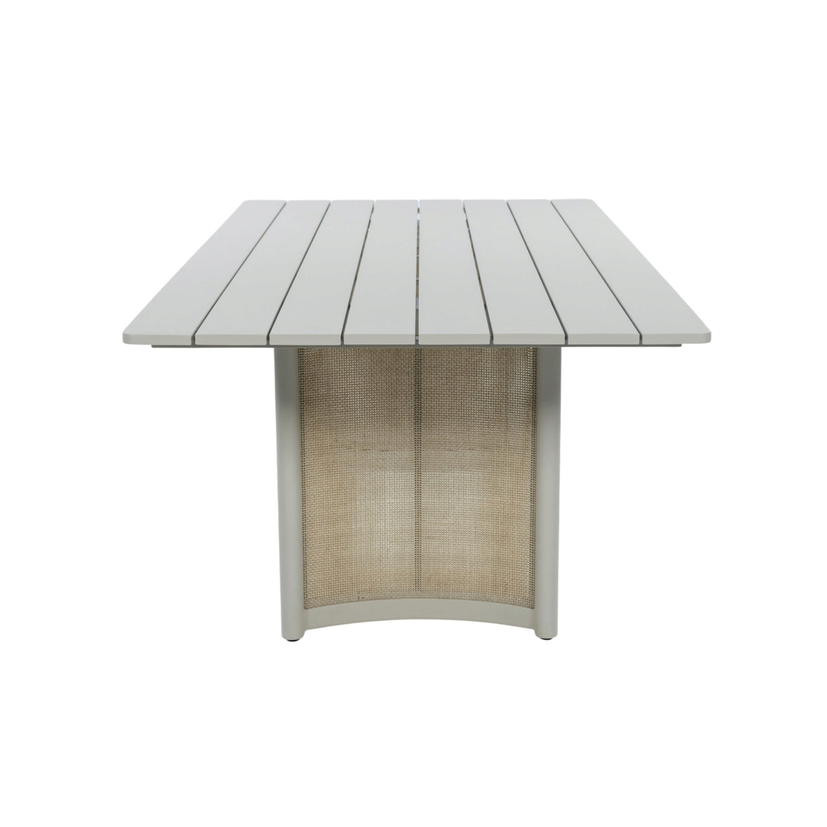 Elevated end view of Porto dining table highlighting the aluminium tabletop slats and woven wicker support