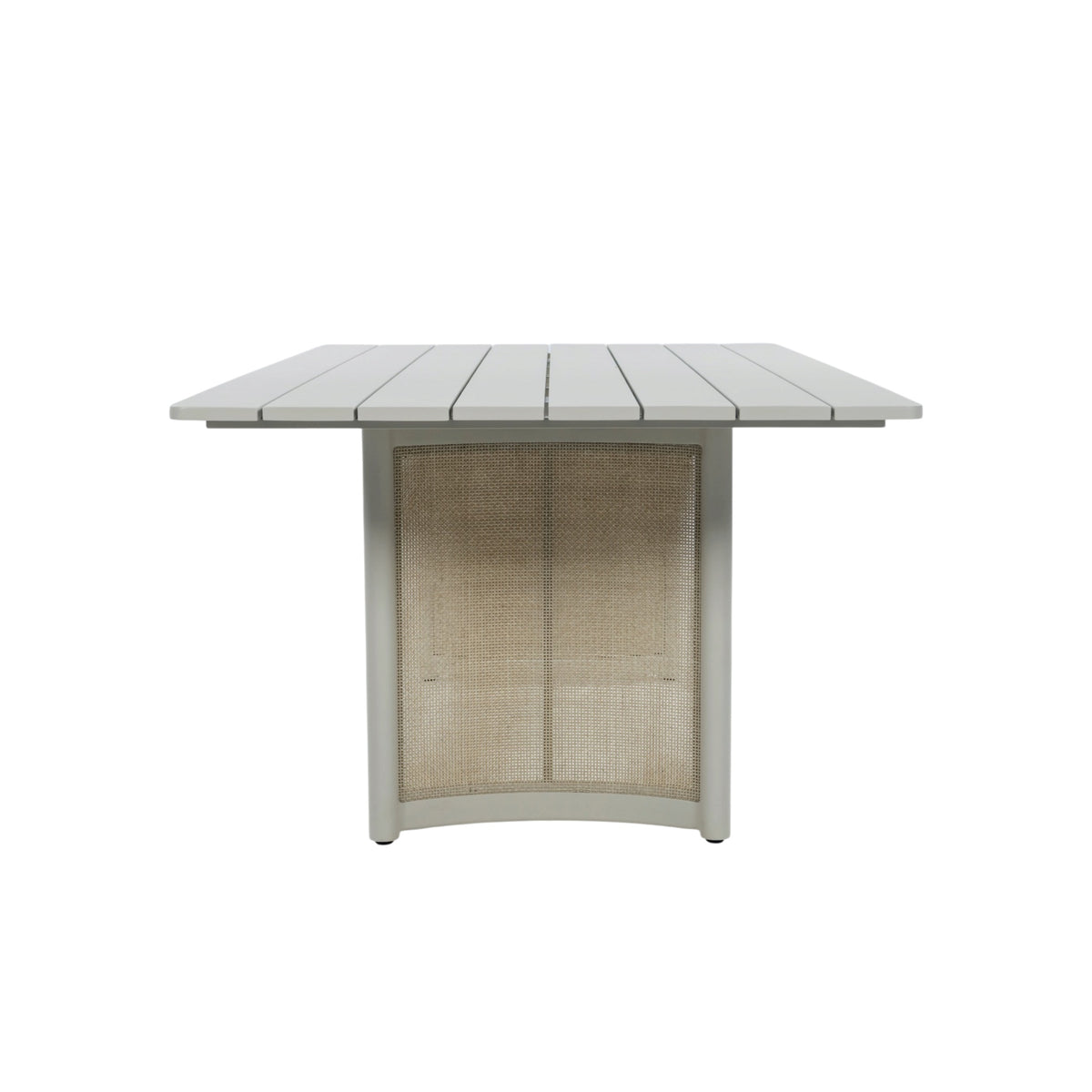 End view of Porto outdoor dining table showing slatted aluminium tabletop and curved woven wicker pedestal panel