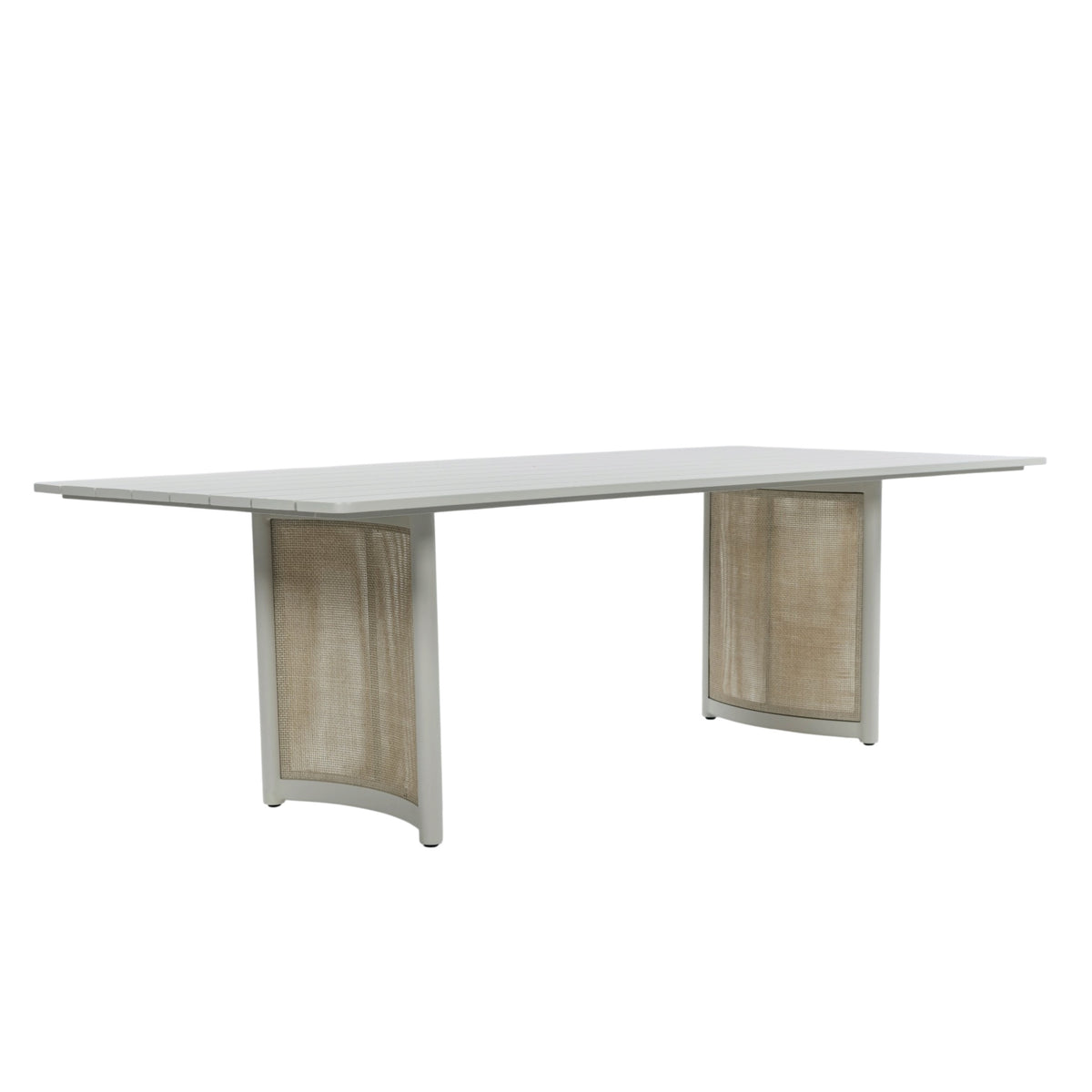 Porto outdoor dining table with light grey powder-coated aluminium slatted tabletop and two curved wicker-panel pedestal supports