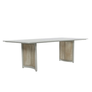 Porto outdoor dining table with light grey powder-coated aluminium slatted tabletop and two curved wicker-panel pedestal supports