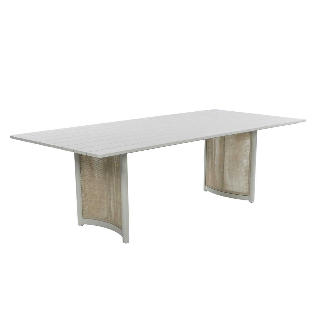 Elevated three-quarter view of Porto outdoor dining table showing rectangular aluminium tabletop and woven wicker pedestal panels