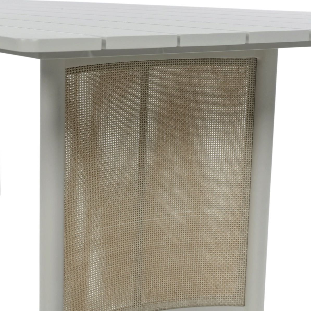 Close-up of Porto outdoor dining table showing woven wicker panel framed by powder-coated aluminium