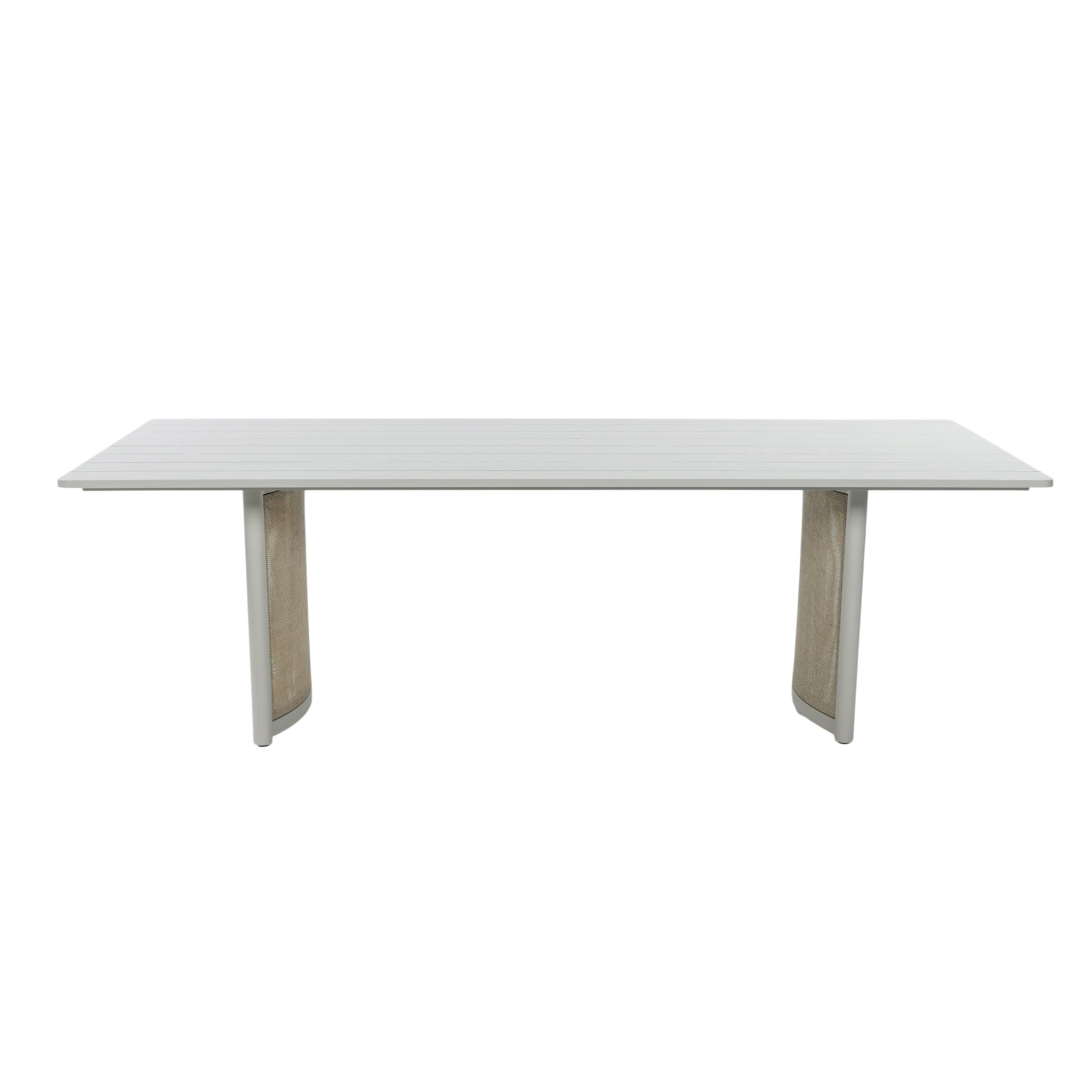 Front view of Porto outdoor dining table with powder-coated aluminium frame and two wicker-panel pedestal legs