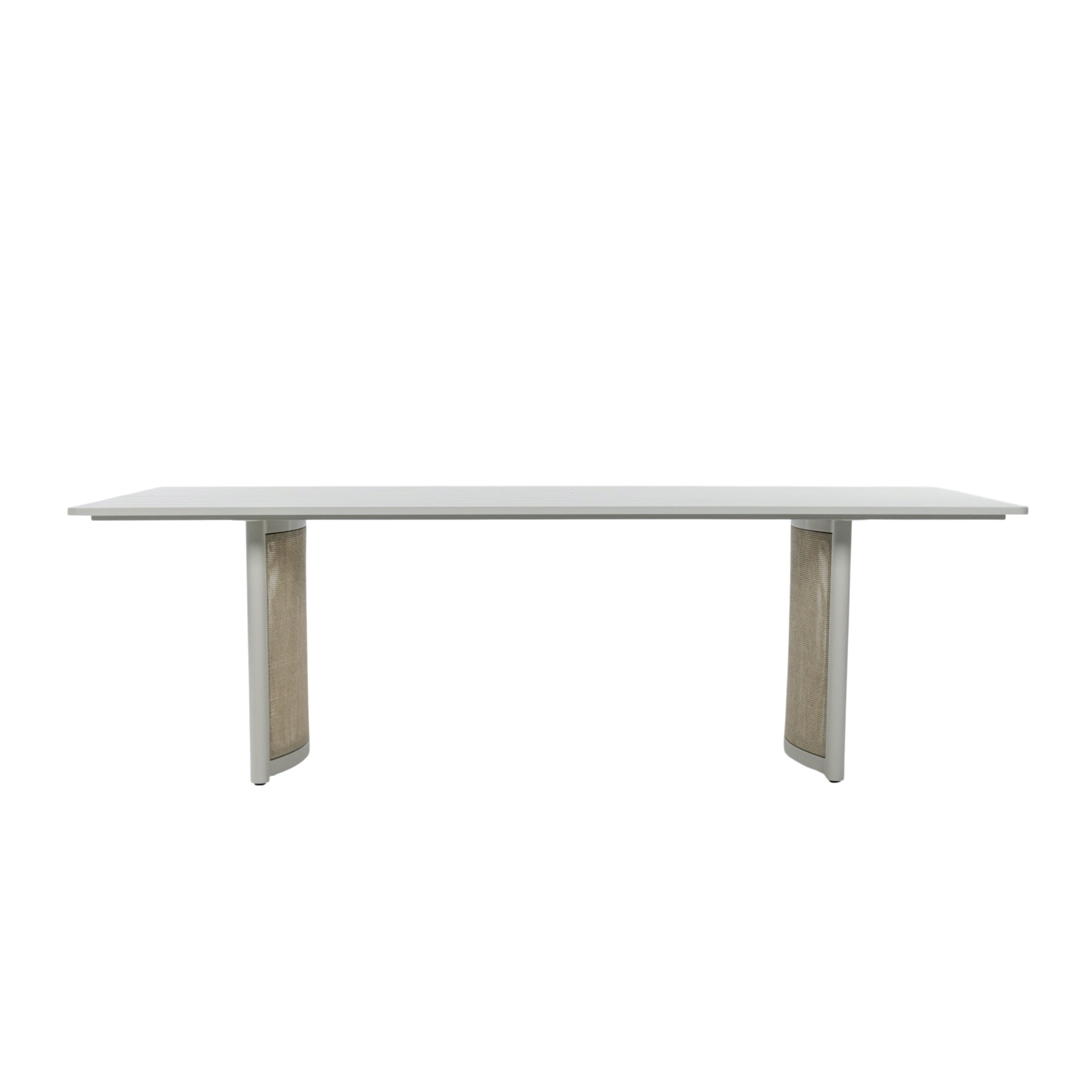 Side profile of Porto 240 cm outdoor dining table showing its elongated slatted aluminium tabletop and two pedestal supports