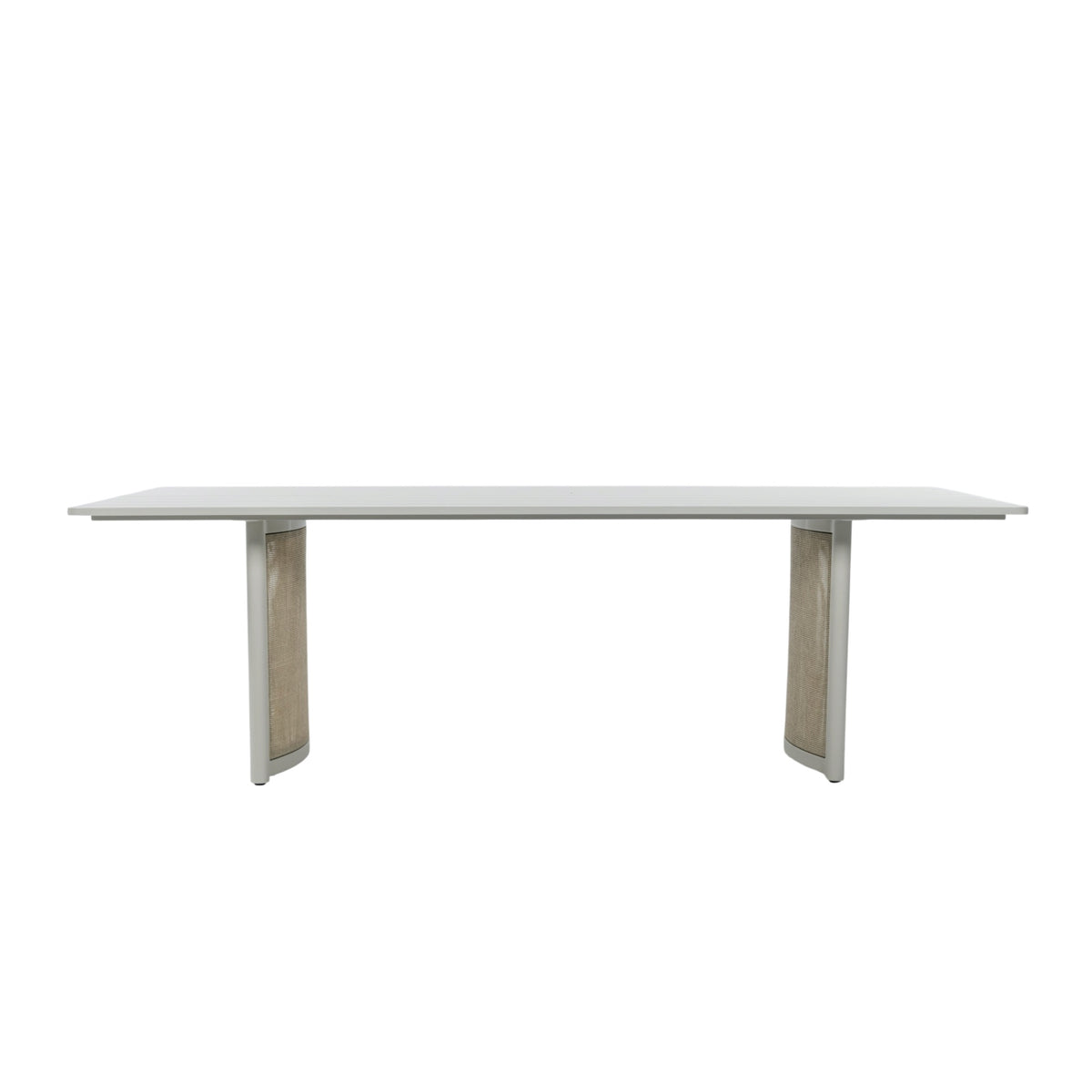 Side profile of Porto 240 cm outdoor dining table showing its elongated slatted aluminium tabletop and two pedestal supports