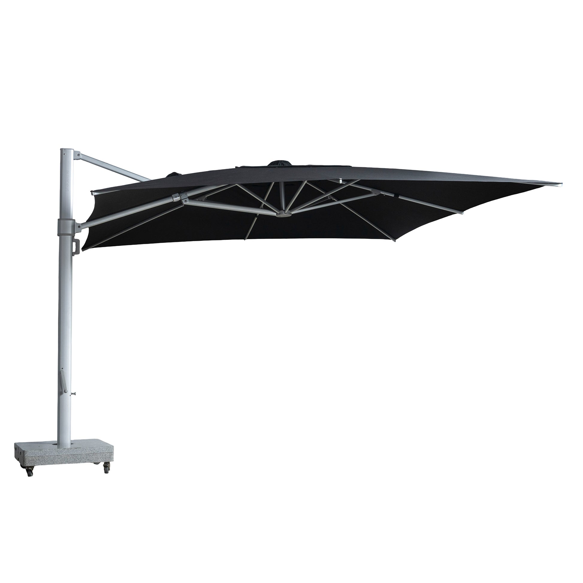 Portofino square cantilever umbrella with large black canopy. Front view.