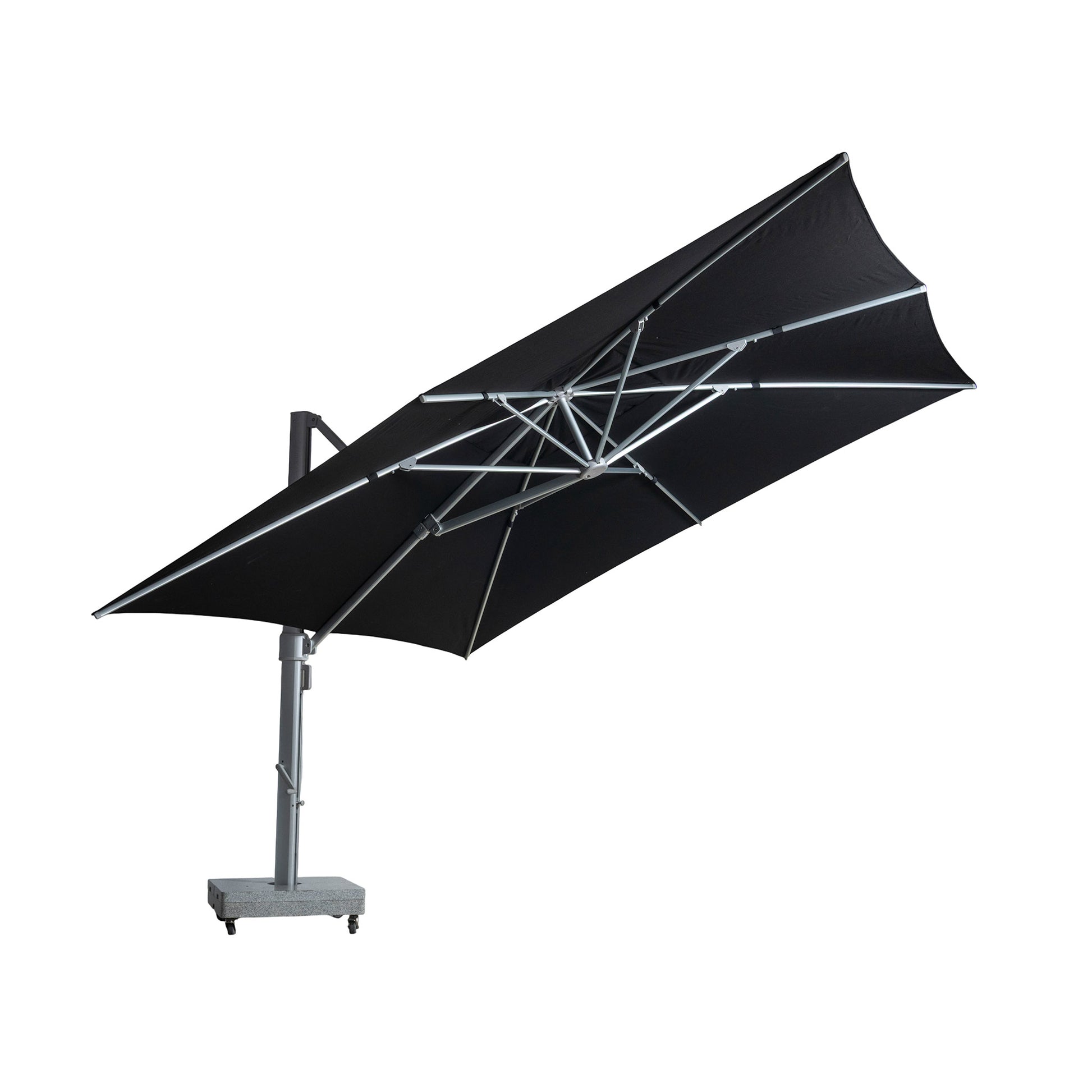 Portofino square cantilever umbrella with large black canopy. View under canopy.