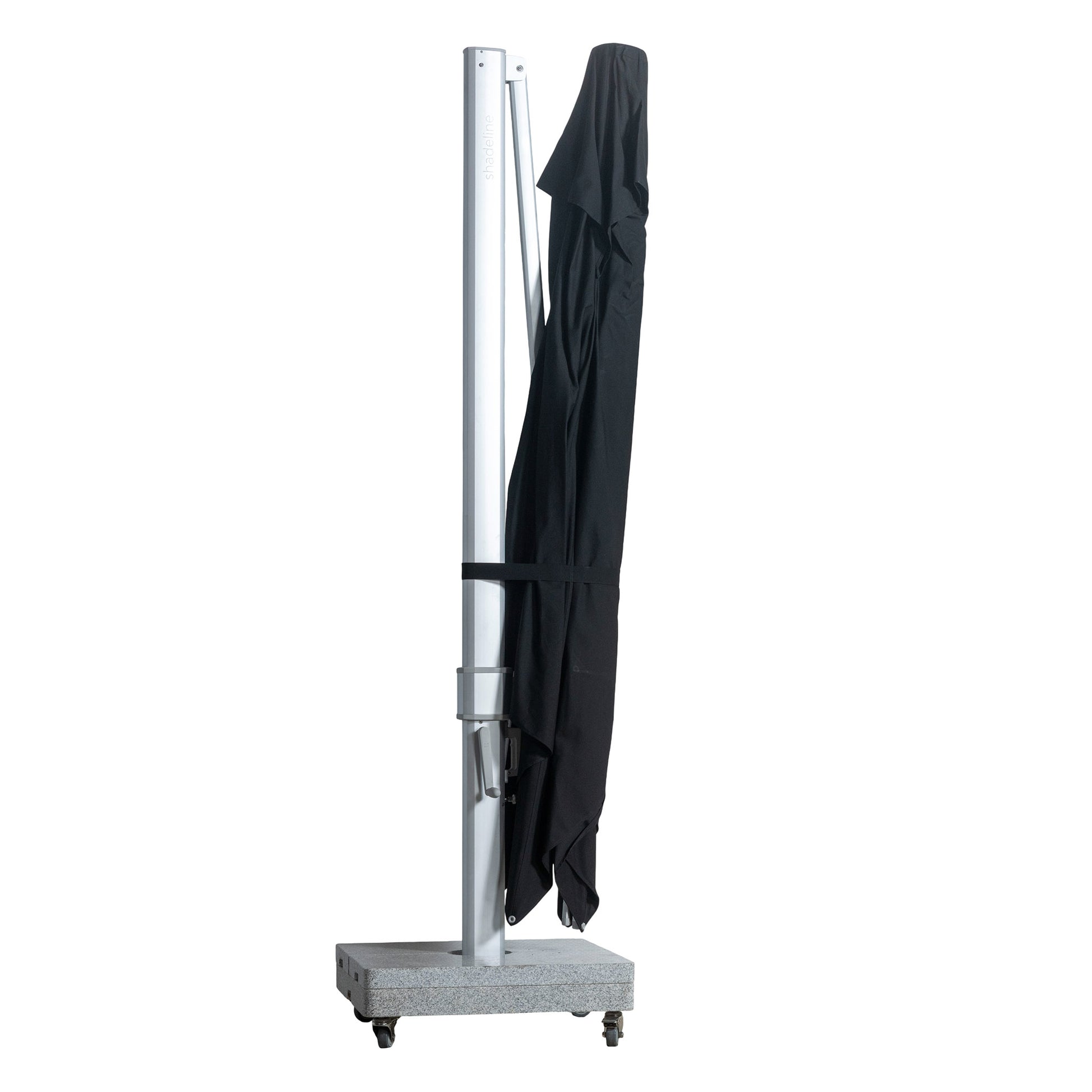 Portofino square cantilever umbrella with large black canopy collapsed for convenient storage.