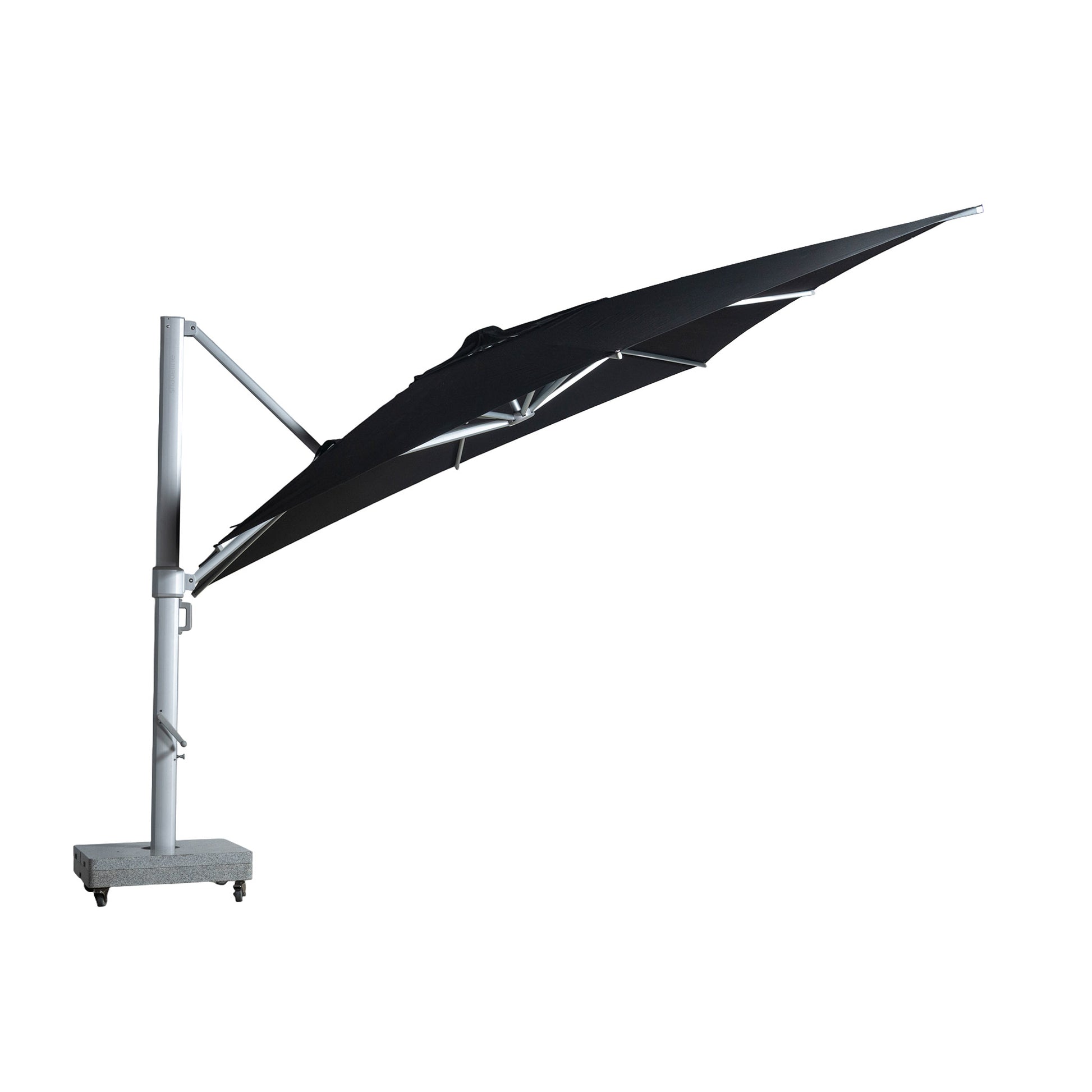 Portofino square cantilever umbrella with large black canopy. Canopy at an angle.