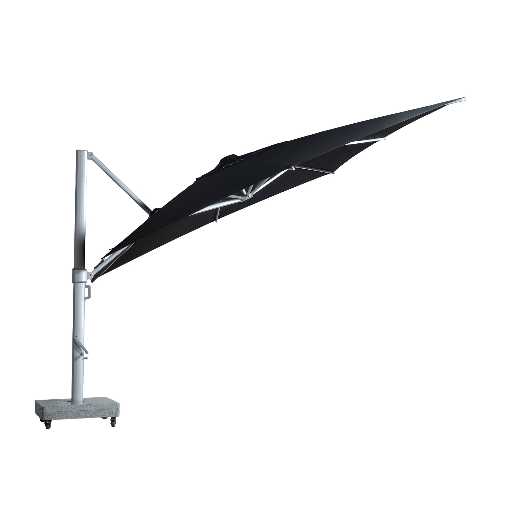Portofino square cantilever umbrella with large black canopy. Canopy at an angle.