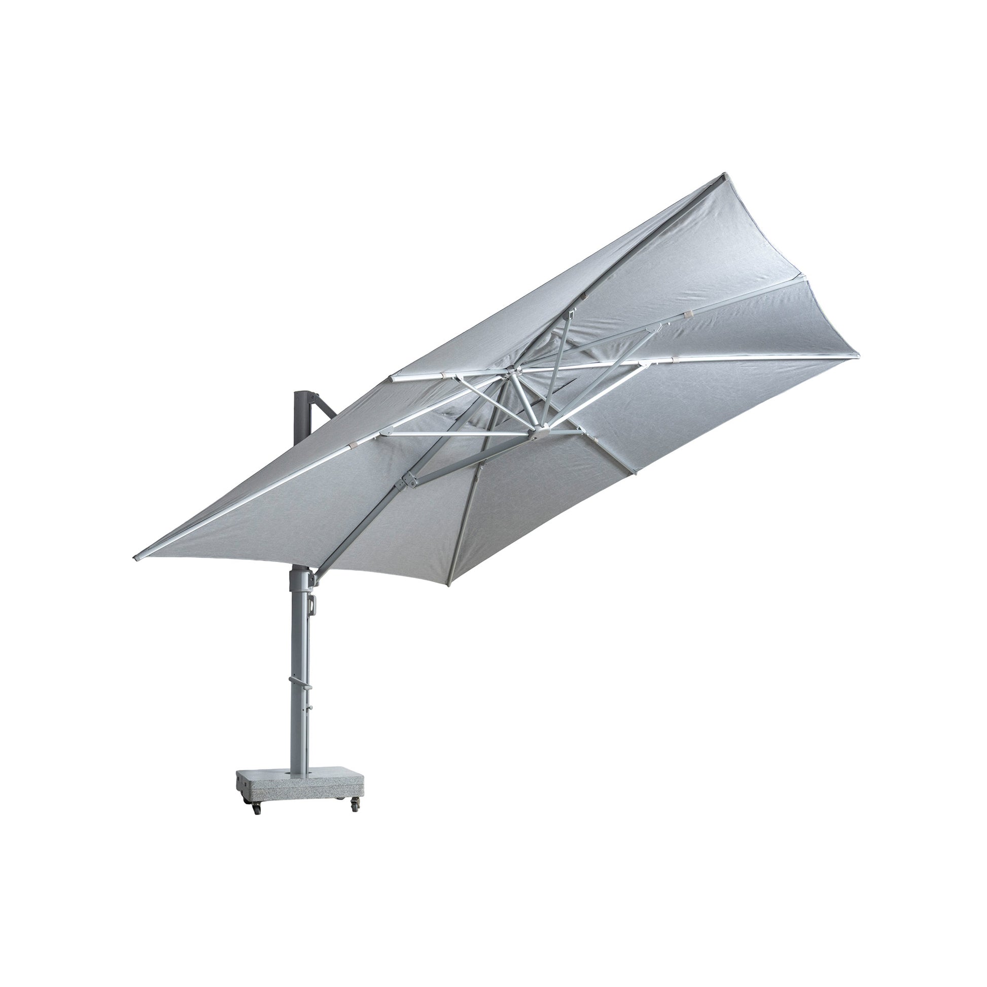 Portofino square cantilever umbrella with large grey canopy viewed underneath.