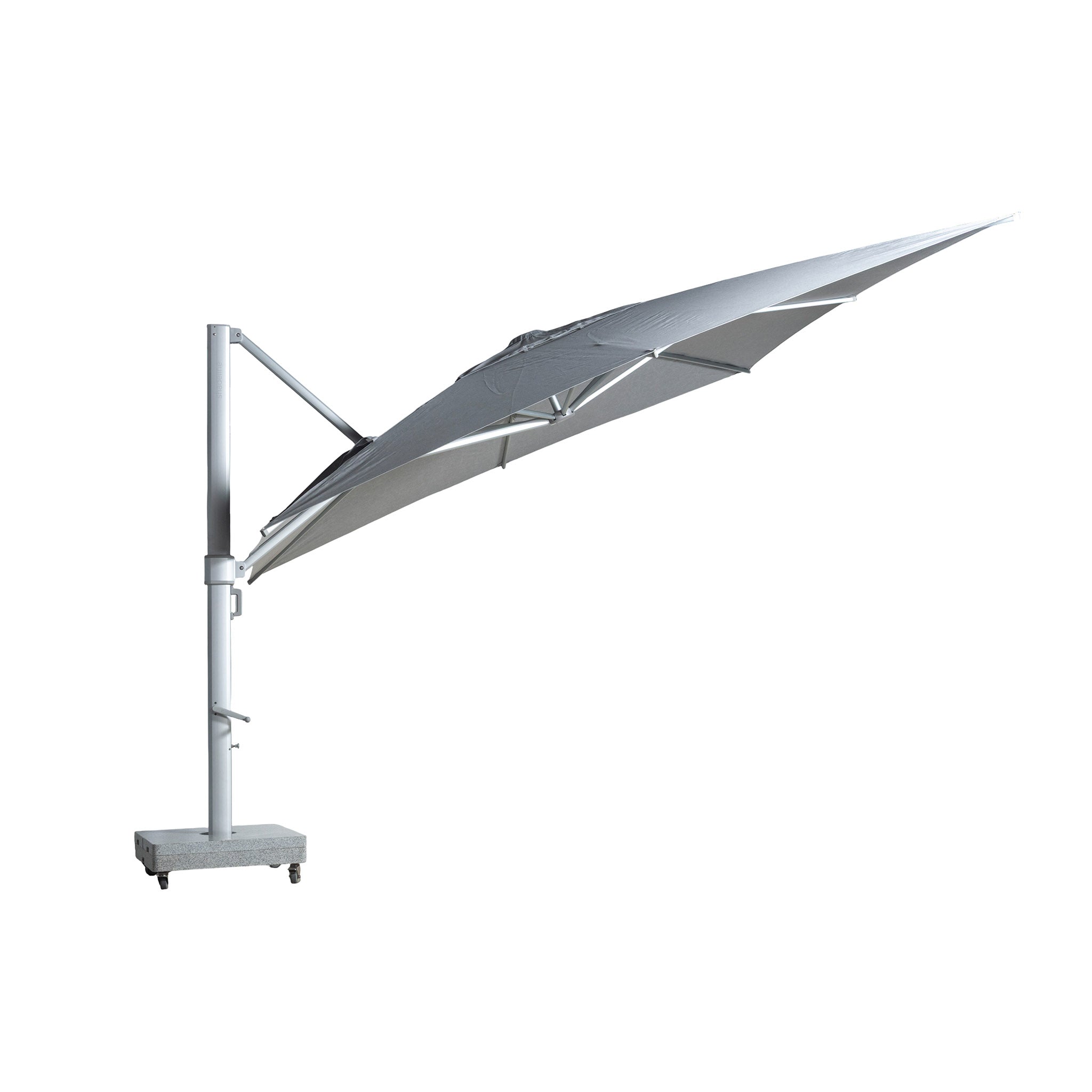 Portofino square cantilever umbrella with large grey canopy at side.