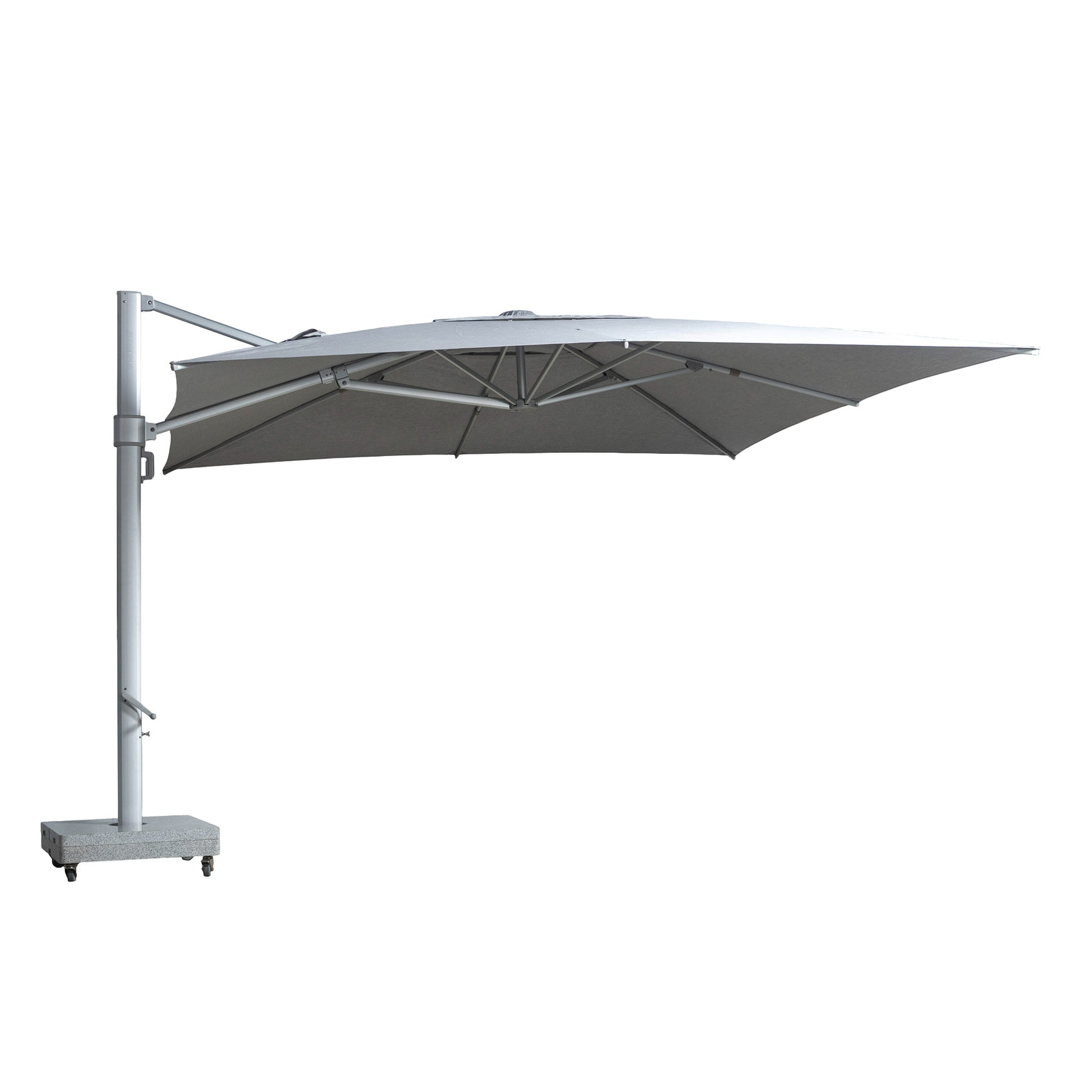 Portofino square cantilever umbrella with large grey canopy. Front view.