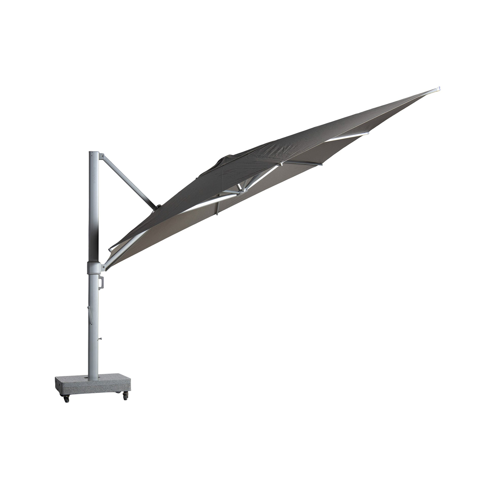 Portofino square cantilever umbrella with large taupe canopy tilted upwards.