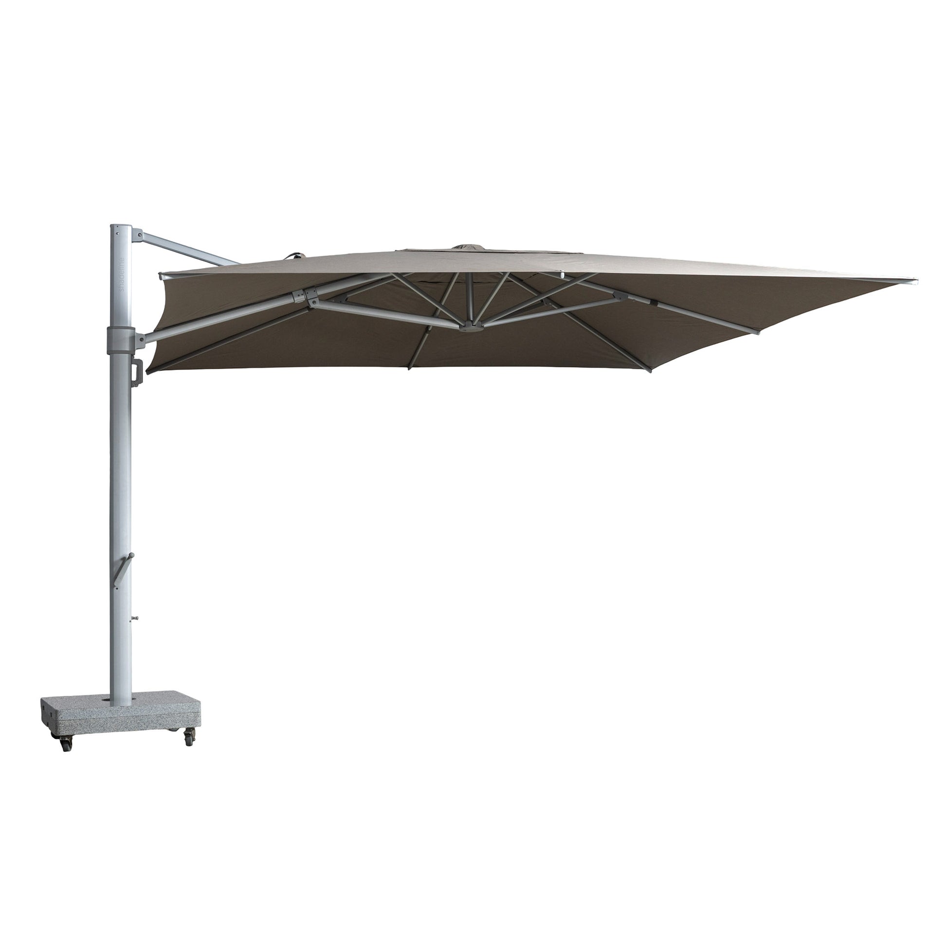 Portofino square cantilever umbrella with large taupe canopy. Front view.