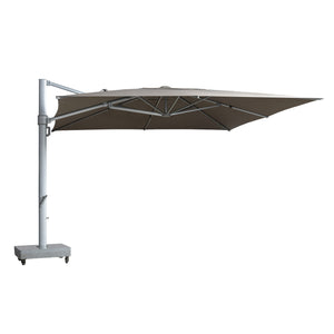 Portofino square cantilever umbrella with large taupe canopy. Front view.