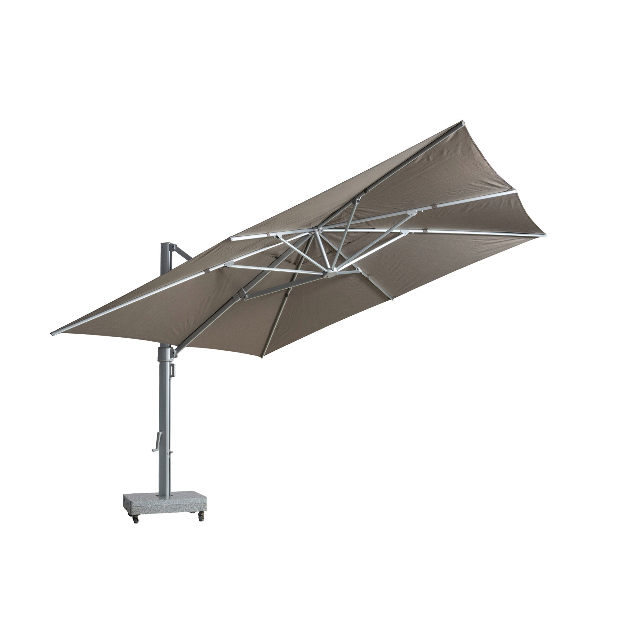 Portofino square cantilever umbrella with large taupe canopy. View of canopy frame.