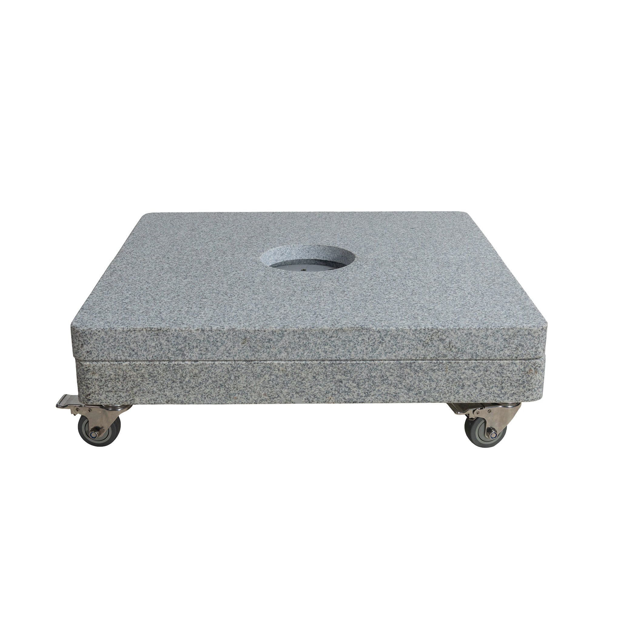 Portofino and St Tropez cantilever umbrella square granite base on wheels with white background. Front view.